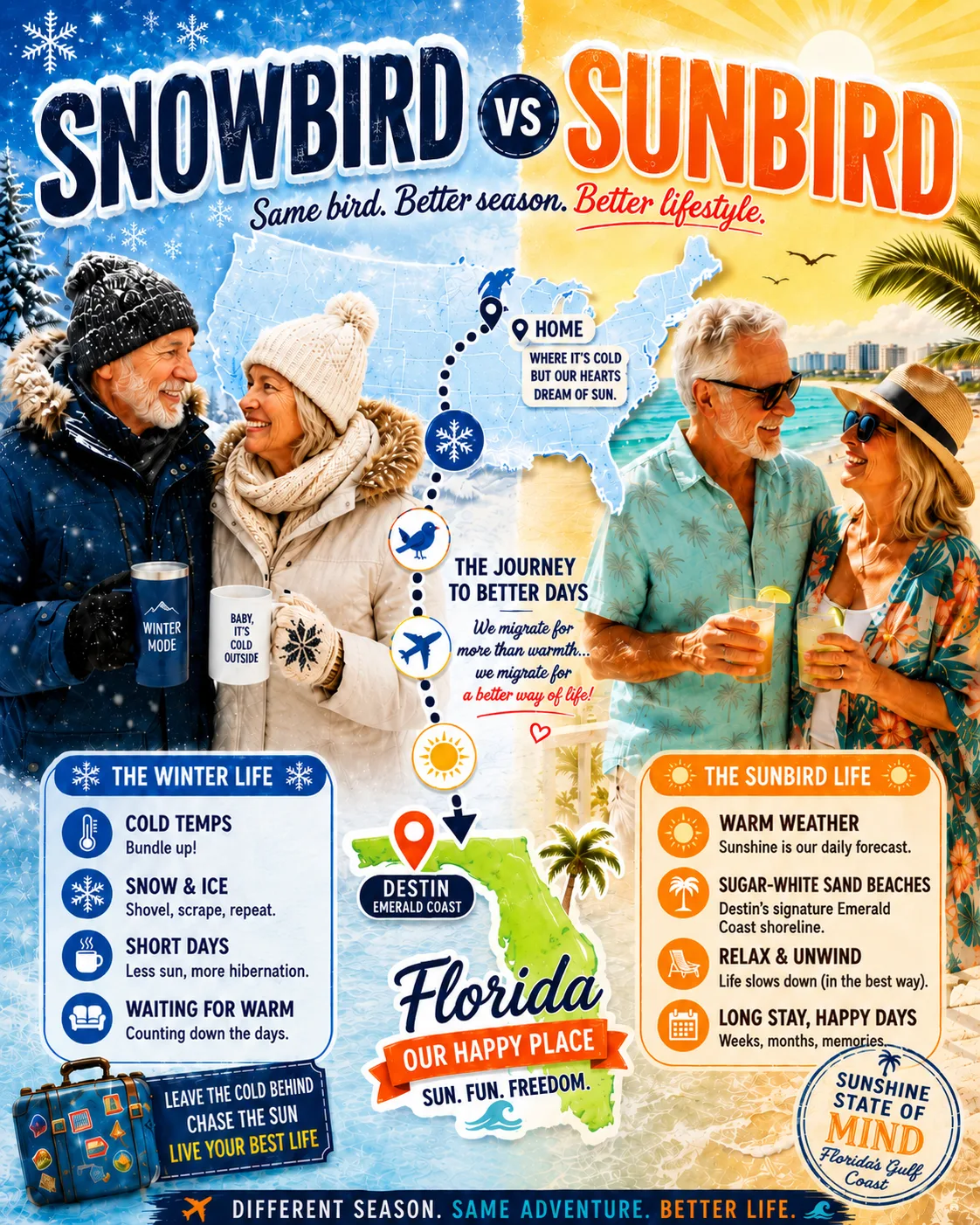 Snowbird vs Sunbird — Escape winter and live your best life in Destin Florida